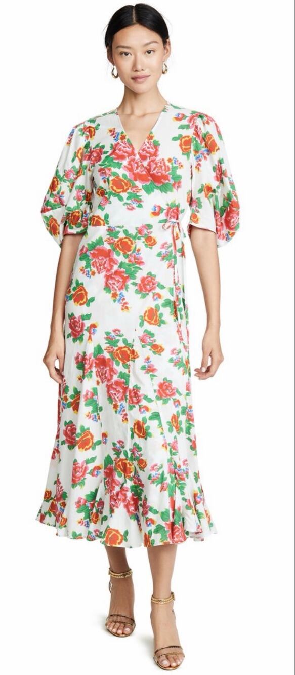Rhode Fiona Floral-Print Wrap Dress White Cotton with Pink Florals size Small